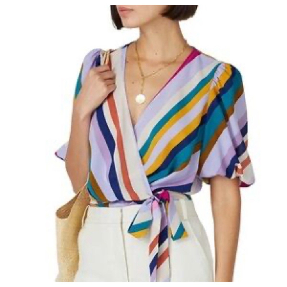 Great Jones Striped Wrap Top XS Puff Sleeve Waist‎ Tie Multicolor